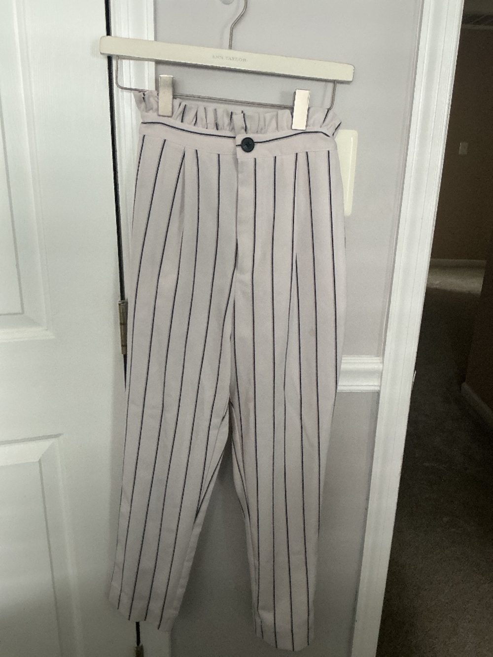 black and white striped office pants